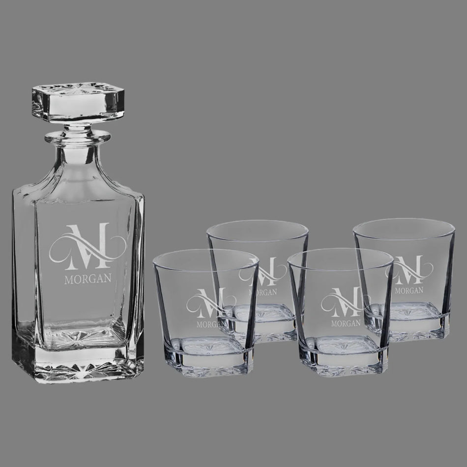 Laser Engraved Decanter with 4 Rock Glasses