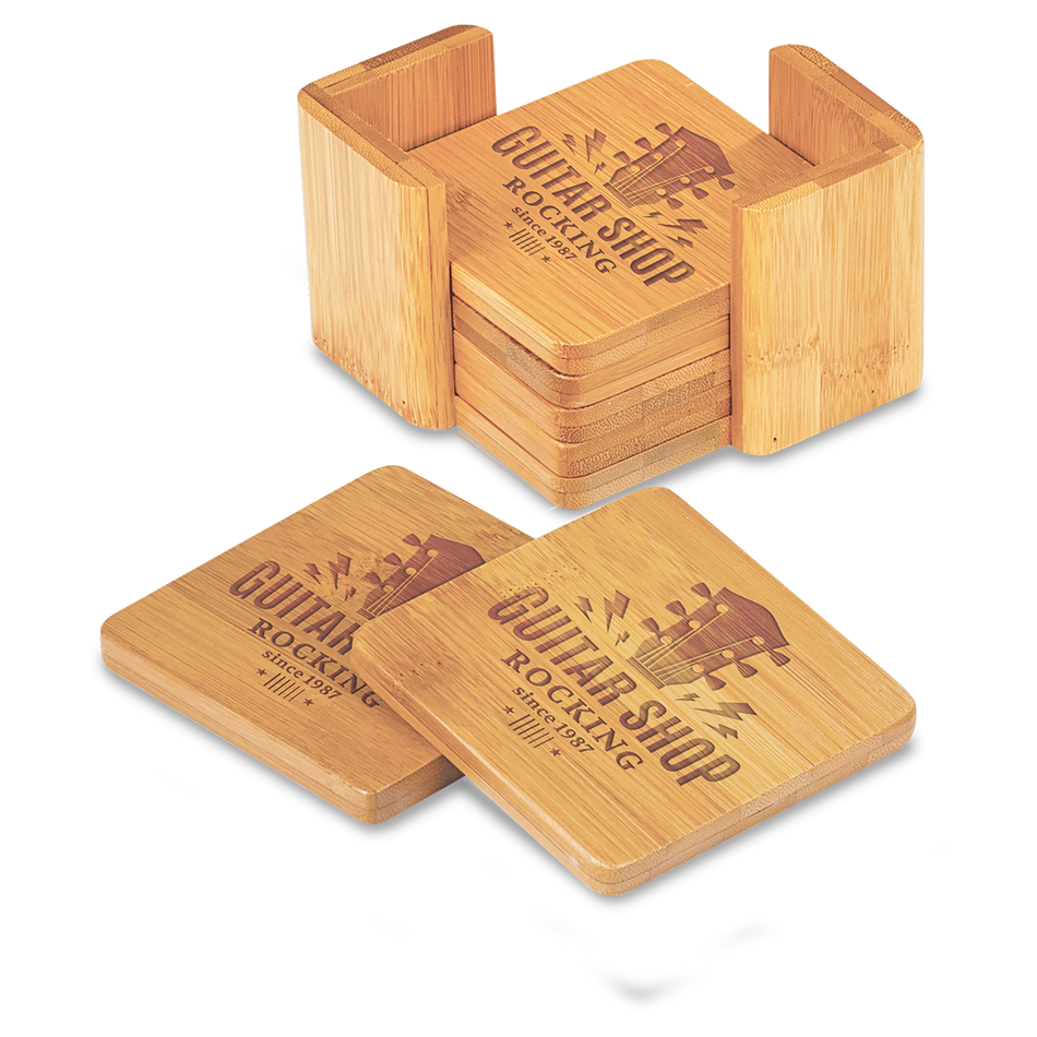 Laser Engraved Genuine Bamboo 6- Coaster Set