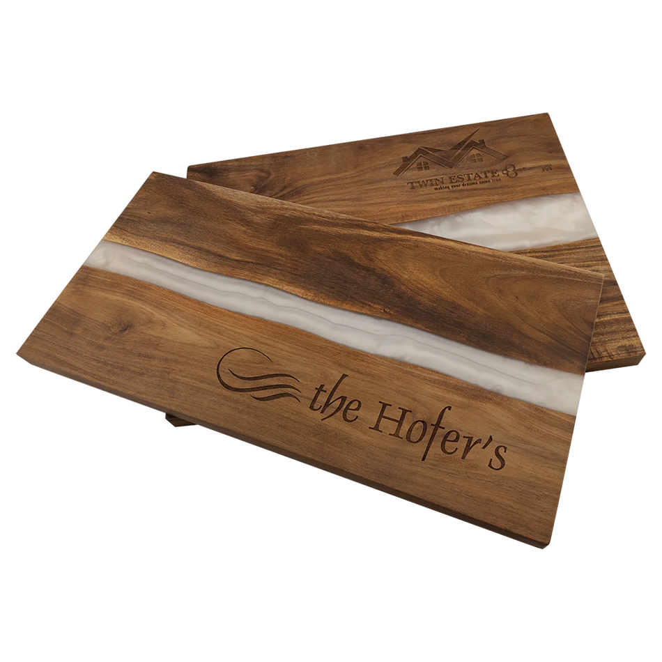 Laser Engravable Acacia Serving Board with White Pearl Resin