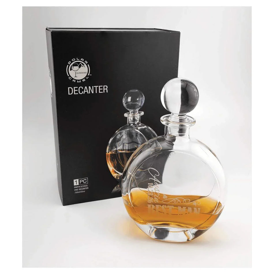 Laser Engravable Flat Round Glass Decanter
