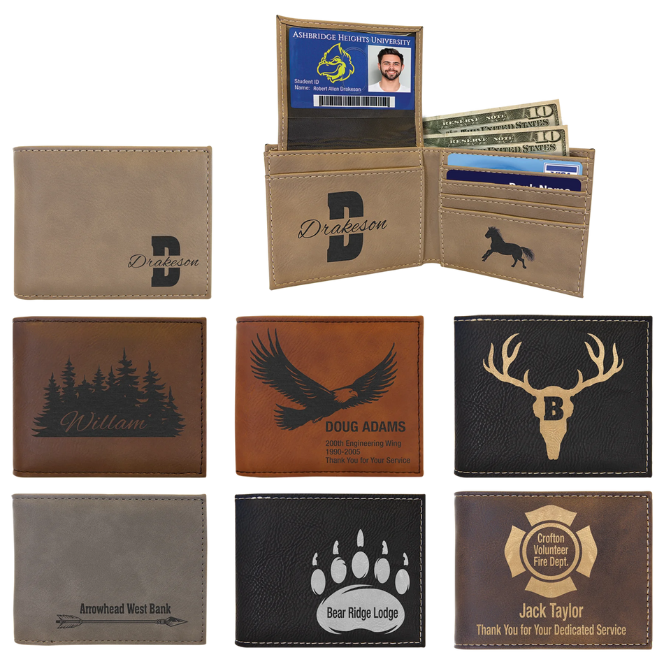 Engravable Leatherette Bifold Wallet with Flip ID